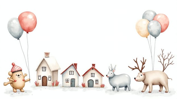 In a delightful village, pastel-colored bunnies gleefully hold balloons, bringing a sense of joy and whimsy. Each bunny stands next to a quaint little home, evoking a cheerful atmosphere.