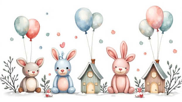In a delightful village, pastel-colored bunnies gleefully hold balloons, bringing a sense of joy and whimsy. Each bunny stands next to a quaint little home, evoking a cheerful atmosphere.