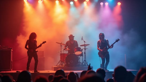 A three-member band captivates the audience with their electrifying performance, surrounded by colorful stage lights and a hazy atmosphere that enhances the energetic vibe of the night.