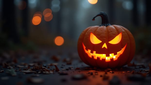 A carved pumpkin with a wicked grin emits a warm orange glow, surrounded by fallen leaves, setting a mysterious Halloween atmosphere in a shadowy, enchanting forest.