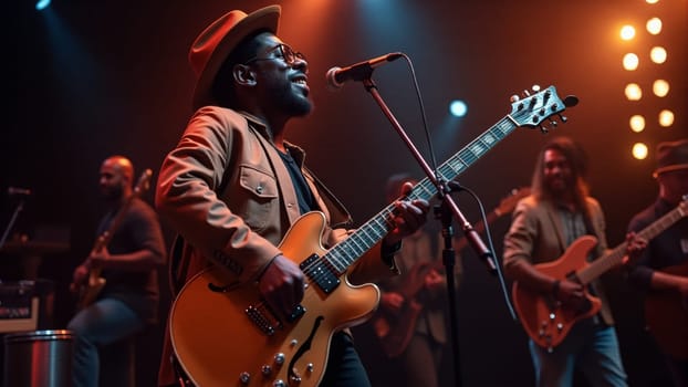A talented musician plays an electric guitar passionately on stage, surrounded by fellow band members. The audience sways to the rhythm in a warmly lit venue filled with energy and excitement.