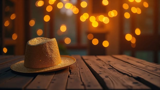 A shimmering golden hat sits gracefully on a weathered wooden table, illuminated by warm, twinkling lights in the background as dusk settles in, creating a magical atmosphere of celebration.