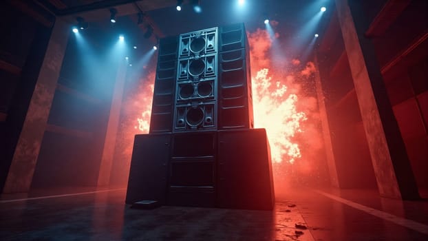 A towering arrangement of powerful speakers stands at the center of a lively venue, glowing with striking lights. The electrifying atmosphere promises an unforgettable musical experience.
