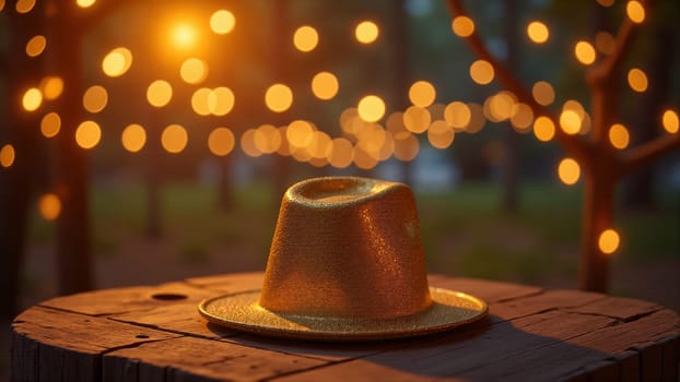 A shimmering golden hat sits gracefully on a weathered wooden table, illuminated by warm, twinkling lights in the background as dusk settles in, creating a magical atmosphere of celebration.