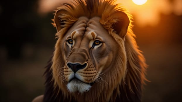 A powerful lion stands proud, its mane illuminated by the warm glow of the setting sun. The tranquil savannah stretches in the background, highlighting the beauty of this magnificent creature.