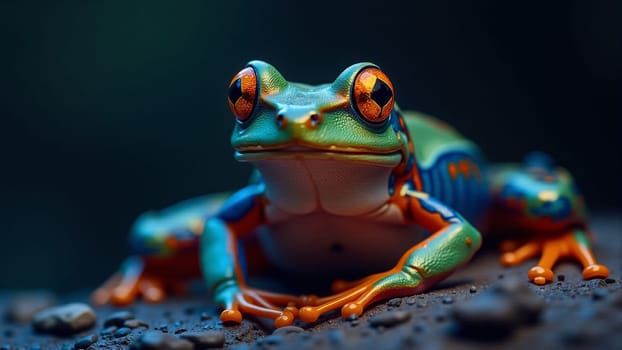 A stunning green tree frog sits on a branch, its colorful skin shimmering in the low light of twilight. The dark rainforest backdrop highlights its vibrant hues in a captivating moment of nature.