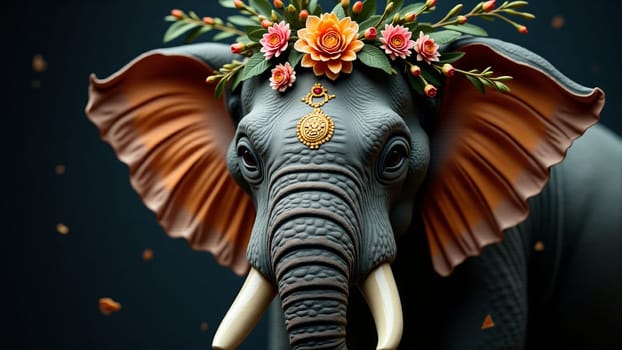 Majestic elephant proudly displays floral adornments on its head, bringing together elegance and nature in a striking composition.