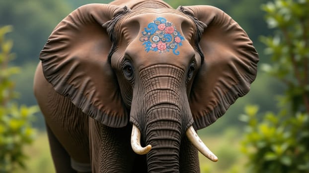 An elephant stands gracefully amidst vibrant greenery, displaying stunning floral patterns painted on its forehead, symbolizing harmony with nature and cultural significance.