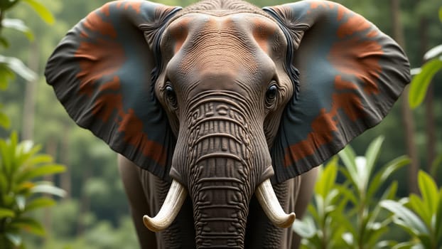 An elephant stands gracefully amidst vibrant greenery, displaying stunning floral patterns painted on its forehead, symbolizing harmony with nature and cultural significance.