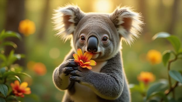 A cute koala with fluffy ears and a curious expression gently holds a bright flower in a serene, sun-dappled forest filled with blooming orange blossoms.