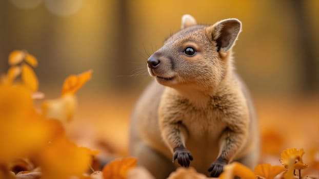 Amidst a vibrant carpet of fallen leaves, a curious wallaby stands upright, observing its surroundings with keen interest. The warm glow of sunset casts a serene atmosphere over the forest.