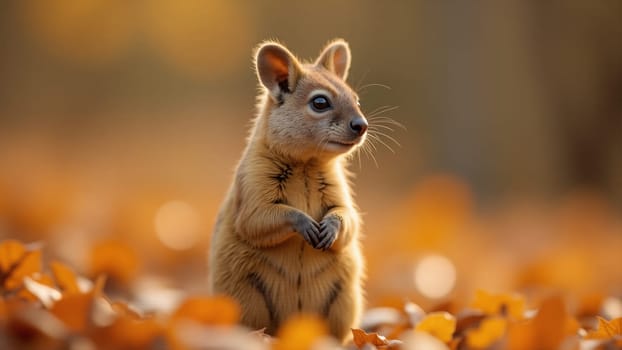 Amidst a vibrant carpet of fallen leaves, a curious wallaby stands upright, observing its surroundings with keen interest. The warm glow of sunset casts a serene atmosphere over the forest.