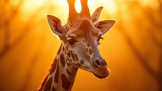 A majestic giraffe stands gracefully against a stunning sunset, its silhouette accentuated by the golden hues. The warm light highlights its unique spots, creating a peaceful moment in the wild.