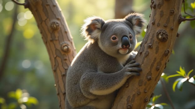 Nestled in the embrace of a sturdy tree, a koala appears inquisitive, surrounded by lush greenery. Sunlight filters through the leaves, creating a serene atmosphere in the sanctuary.