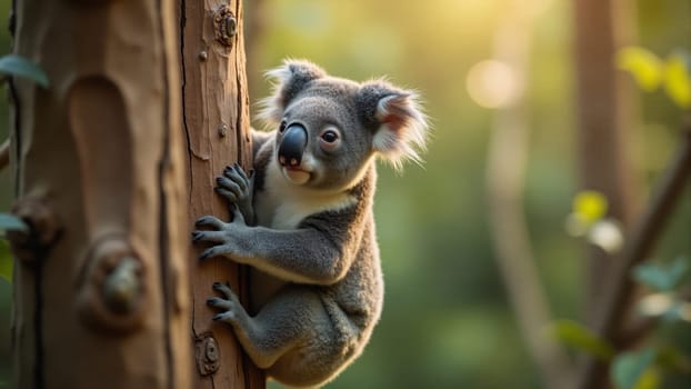 Nestled in the embrace of a sturdy tree, a koala appears inquisitive, surrounded by lush greenery. Sunlight filters through the leaves, creating a serene atmosphere in the sanctuary.