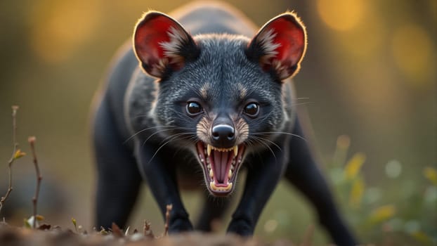 Stalking through the underbrush, a wild animal with striking features lets out a fierce roar, displaying both power and beauty in its natural habitat during the golden hour.