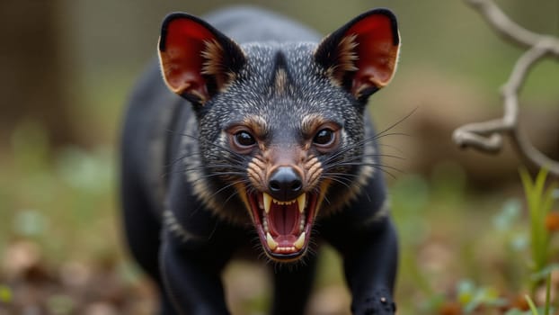 Stalking through the underbrush, a wild animal with striking features lets out a fierce roar, displaying both power and beauty in its natural habitat during the golden hour.