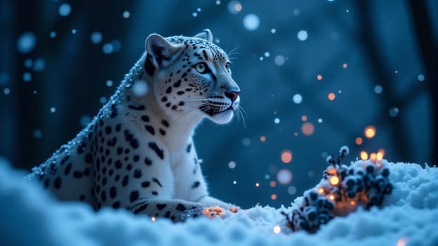 Under a soft blanket of snow, a snow leopard gazes into the distance.