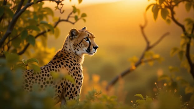A beautiful cheetah quietly watches the stunning sunset over the African savanna, surrounded by lush greenery and vibrant flowers. The warm light enhances the tranquil atmosphere.