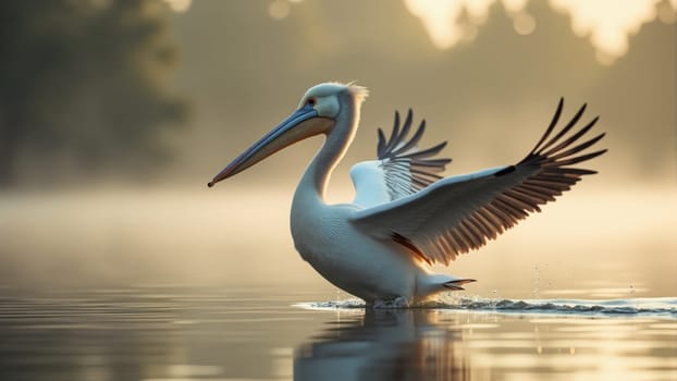 As the sun begins to rise, a majestic pelican glides through calm waters, leaving gentle ripples in the mist. The soft golden light highlights its elegant silhouette and tranquil surroundings.