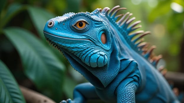 The striking blue iguana rests gracefully on a branch, surrounded by vibrant green leaves. Its scales shimmer under the soft sunlight, showcasing the beauty of tropical wildlife.
