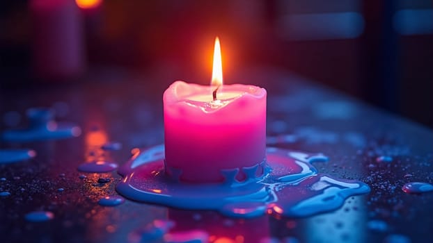 The soft glow of a pink candle illuminates the dim surroundings as vibrant wax drips decorate the table. A tranquil ambiance envelops the space, creating warmth and serenity.