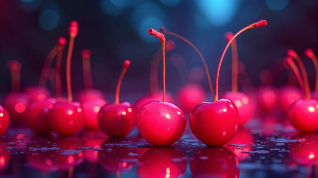 Juicy red cherries rest among scattered flower petals, illuminated by a soft pink glow, creating a serene and inviting atmosphere. The arrangement suggests a moment of sweet indulgence.