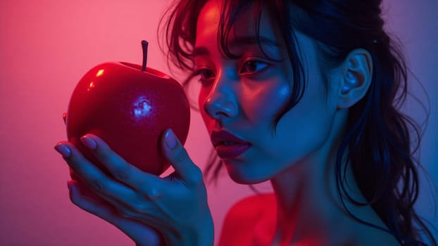 A captivated woman gazes intently at a vibrant red apple, her profile illuminated by striking blue and pink lights that create an alluring atmosphere, highlighting her beauty and thoughts.
