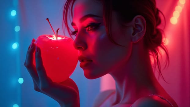A captivated woman gazes intently at a vibrant red apple, her profile illuminated by striking blue and pink lights that create an alluring atmosphere, highlighting her beauty and thoughts.
