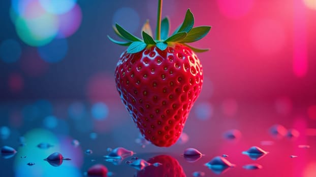 A ripe, juicy strawberry hangs elegantly in mid-air, capturing the hues of blue and pink light. Its texture glistens, reflecting shimmering droplets below, creating a mesmerizing visual effect.