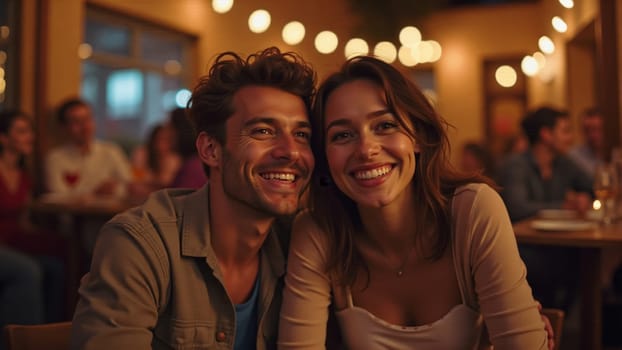 A couple beams with joy at a romantic outdoor dining setting, surrounded by warm, glowing lights and lively diners. Their laughter fills the warm summer night as they toast with drinks.