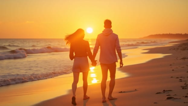 As the sun sets, two friends stroll barefoot along the shoreline, their silhouettes highlighted by the warm golden light. Laughter and joy fill the air in this tranquil beach setting.