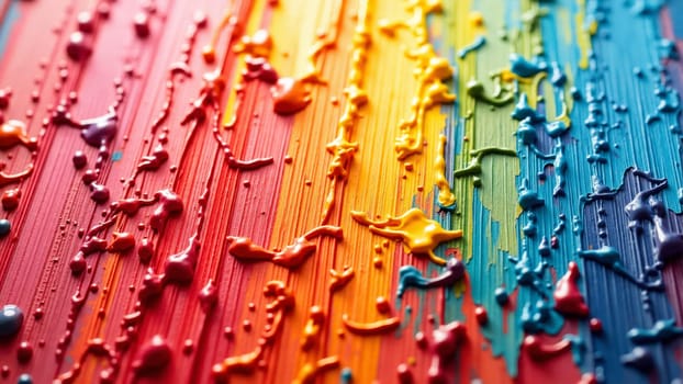 Colorful drips of paint cascade over a textured surface, blending vibrant hues of red, yellow, green, and blue. The artwork captures the essence of creativity in an artistic setting.
