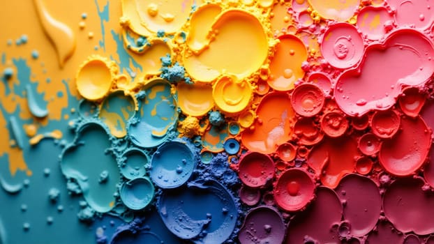Colorful drips of paint cascade over a textured surface, blending vibrant hues of red, yellow, green, and blue. The artwork captures the essence of creativity in an artistic setting.