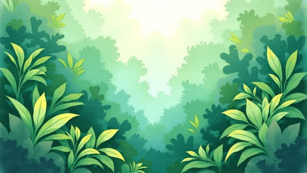 Amidst a vibrant forest, green leaves and dense vegetation thrive. Sunlight filters through the canopy, creating a serene atmosphere filled with life and tranquility, inviting exploration and wonder.