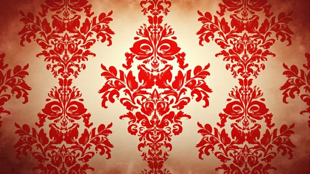 An intricate red damask design embellished with floral details brings a touch of elegance to a vintage-style wall. The rich hues create a warm and inviting atmosphere in the room.