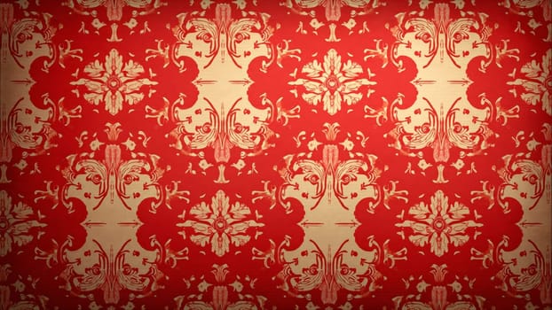 An intricate red damask design embellished with floral details brings a touch of elegance to a vintage-style wall. The rich hues create a warm and inviting atmosphere in the room.