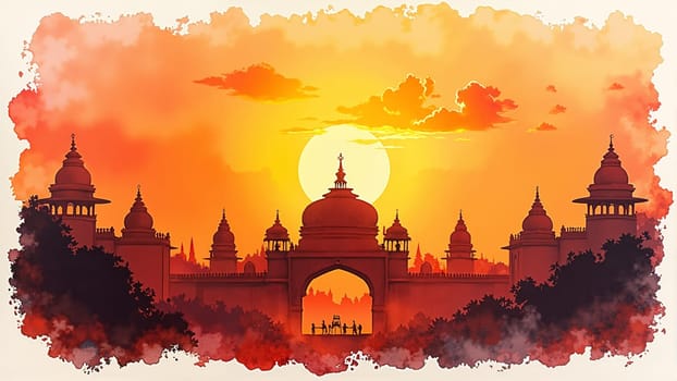 The breathtaking silhouette of an ornate palace emerges against a radiant sunset, with golden hues infusing the sky. Towering spires and arches create a majestic backdrop for the approaching night.