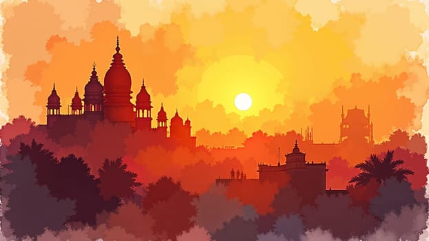 The breathtaking silhouette of an ornate palace emerges against a radiant sunset, with golden hues infusing the sky. Towering spires and arches create a majestic backdrop for the approaching night.