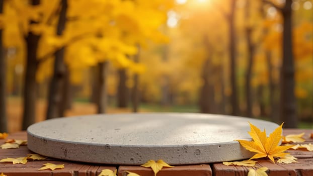 Golden leaves carpet the tranquil pathway, illuminated by a warm sunset glow. A solitary stone pedestal rests nearby, inviting reflection amid the vibrant autumn scenery.