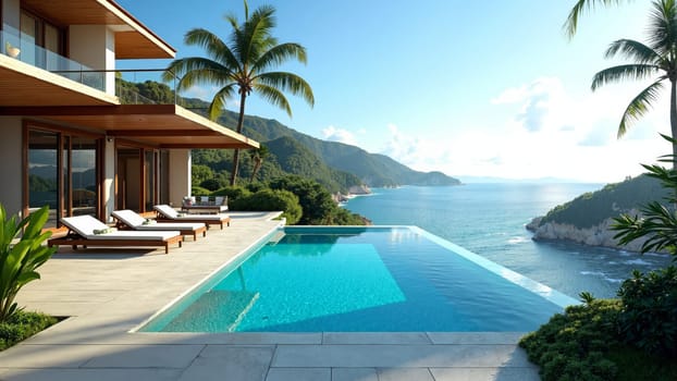 The tranquil panorama showcases a stunning infinity pool blending with the azure ocean. Lush palm trees frame the view, inviting relaxation and serenity on a beautiful sunny day.
