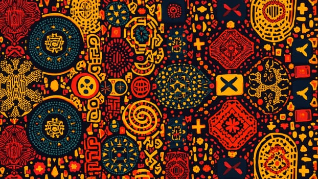 A stunning display of various intricate patterns and symbols unfolds in vivid colors, showcasing an artistic blend of culture and creativity. The artwork invites viewers into a rich visual experience.