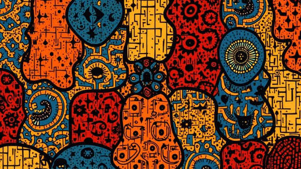 A stunning display of various intricate patterns and symbols unfolds in vivid colors, showcasing an artistic blend of culture and creativity. The artwork invites viewers into a rich visual experience.