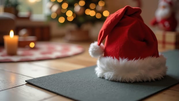 A cheerful red Santa hat with white fur sits gracefully on a warm floor, complementing the festive atmosphere of twinkling lights from a nearby Christmas tree.