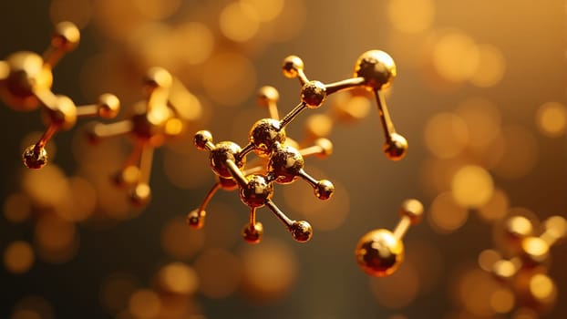A captivating arrangement of golden molecular structures sparkles in the soft glow, illustrating the fascinating world of science and the intricacies of molecular design, creativity, and discovery.