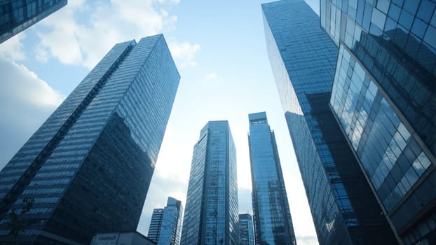 Tall glass buildings dominate the skyline, reflecting the soft colors of dawn while bustling city life begins below. The scene captures the energy of a vibrant metropolitan area.