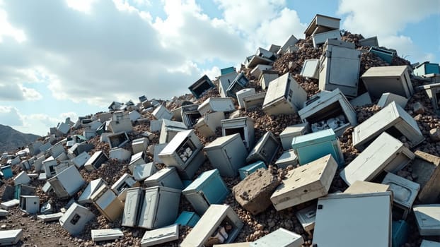 A vast heap of outdated computers and appliances fills the landscape, reflecting society s surplus of technology.
