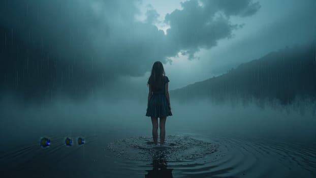 A young girl in a flowing dress wades through a tranquil lake, surrounded by mist and softly falling rain. The dramatic cloud formations create a mystical atmosphere as dusk approaches.