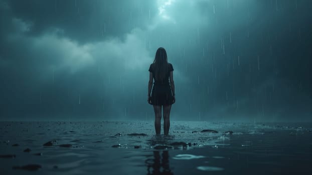 A young girl in a flowing dress wades through a tranquil lake, surrounded by mist and softly falling rain. The dramatic cloud formations create a mystical atmosphere as dusk approaches.