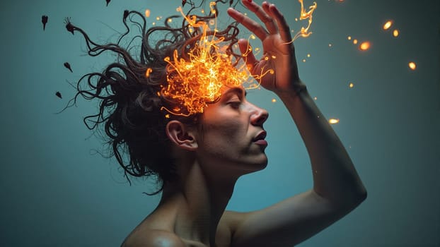 A woman stands elegantly with a striking headpiece resembling a vivid brain, intertwined with delicate branches and small red berries, creating an artistic fusion of nature and thought.